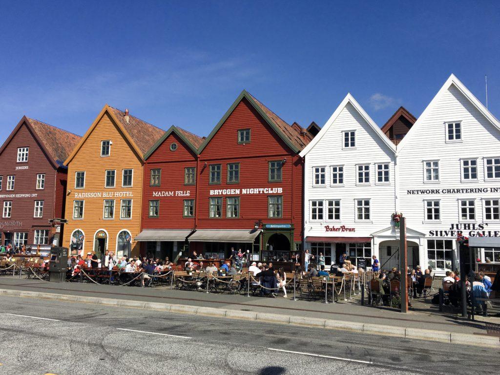 Bryggen painted wooden shops Burgen