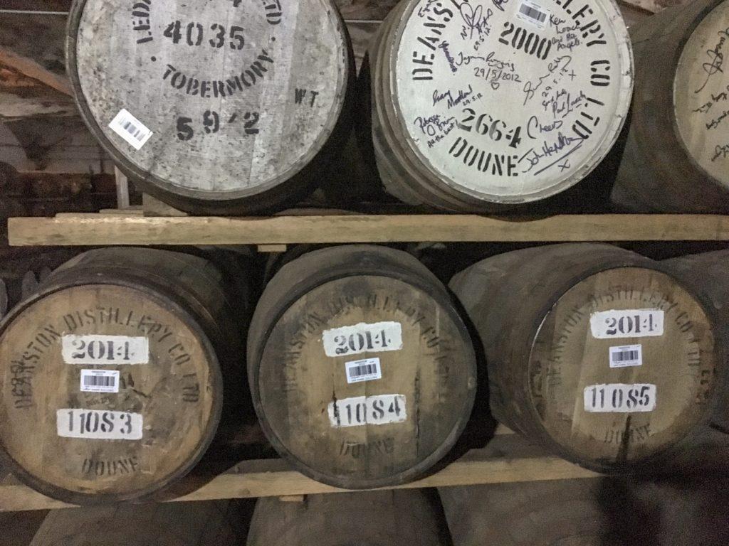 aging barrels of whisky in deanston whisky distillery scotland