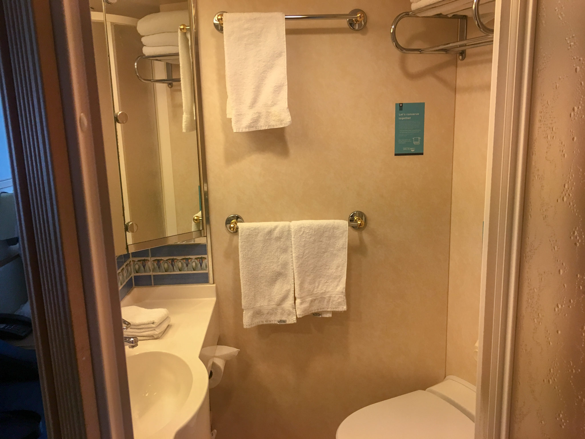 Cruise ship stateroom bathroom with shower, toilet, basin and three handtowels