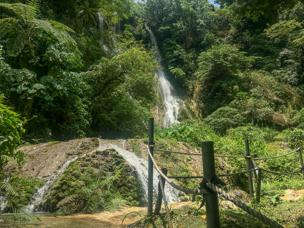 Rope track through rainforest vegetation with waterfall 