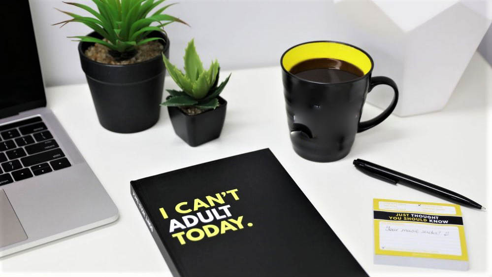 black journal with yellow writing on table with two green succulent pot plants, notepad and cup of coffee