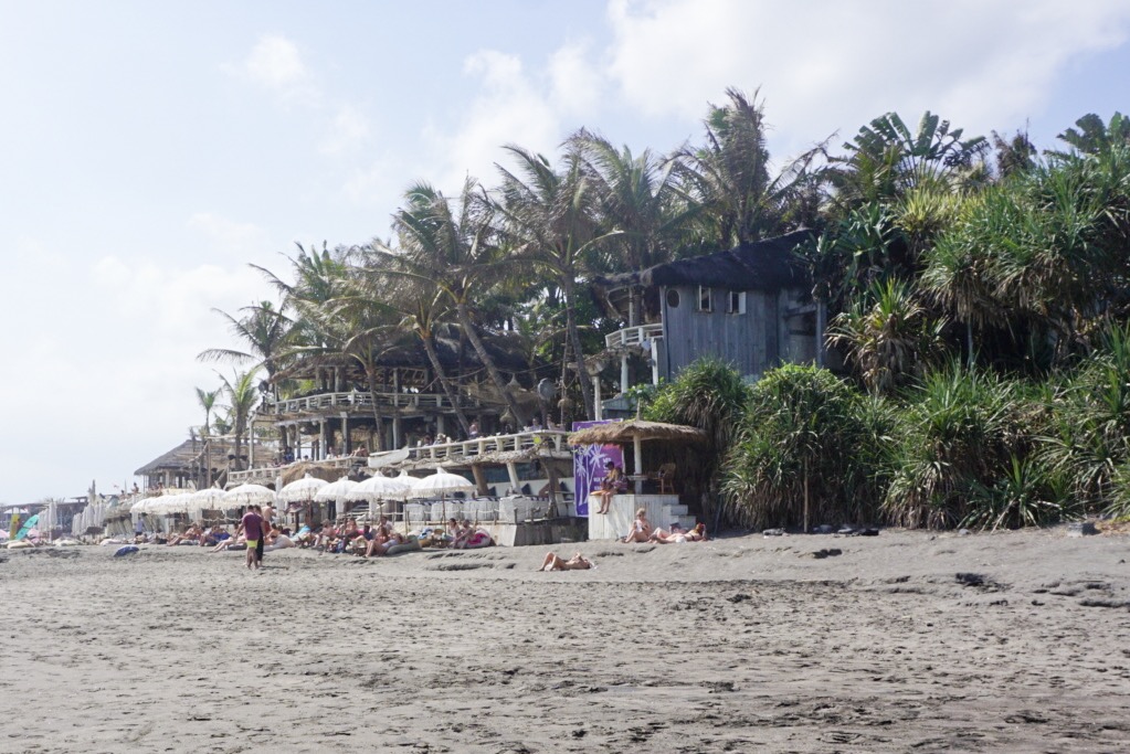 hut style beach bar surrounded by palm trees with white sun umbrellas out front