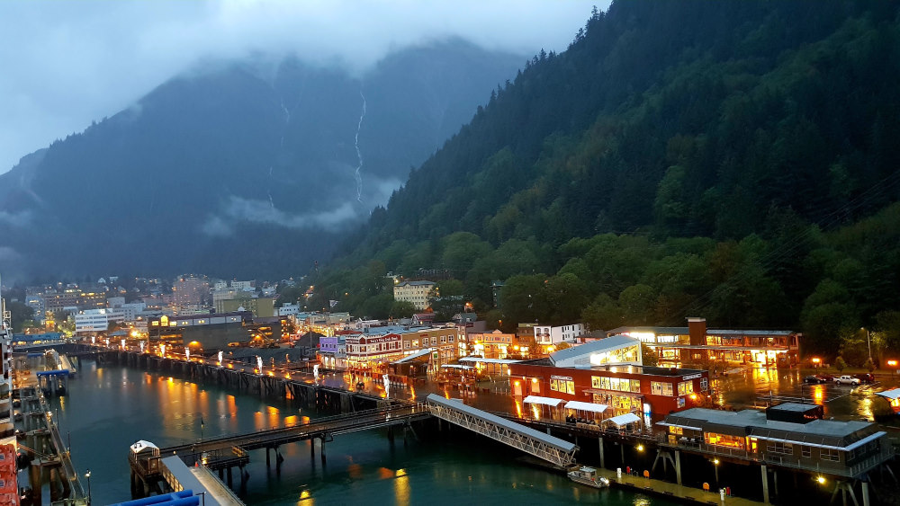 Juneau Town with lights on in Alaska from Cruise Ship