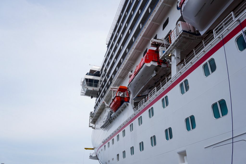 Looking up at bridge of Carnival Splendor from port