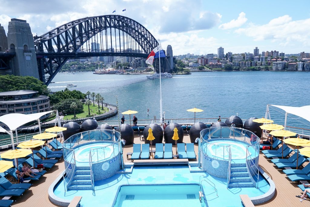 Carnival Splendor Serenity Pool with Sydney Harbour Bridge in background