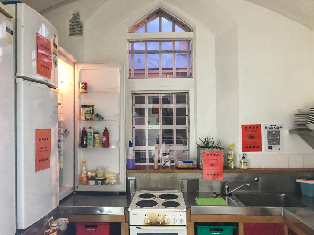 Kitchen inside former jail turned into backpackers in Christchurch