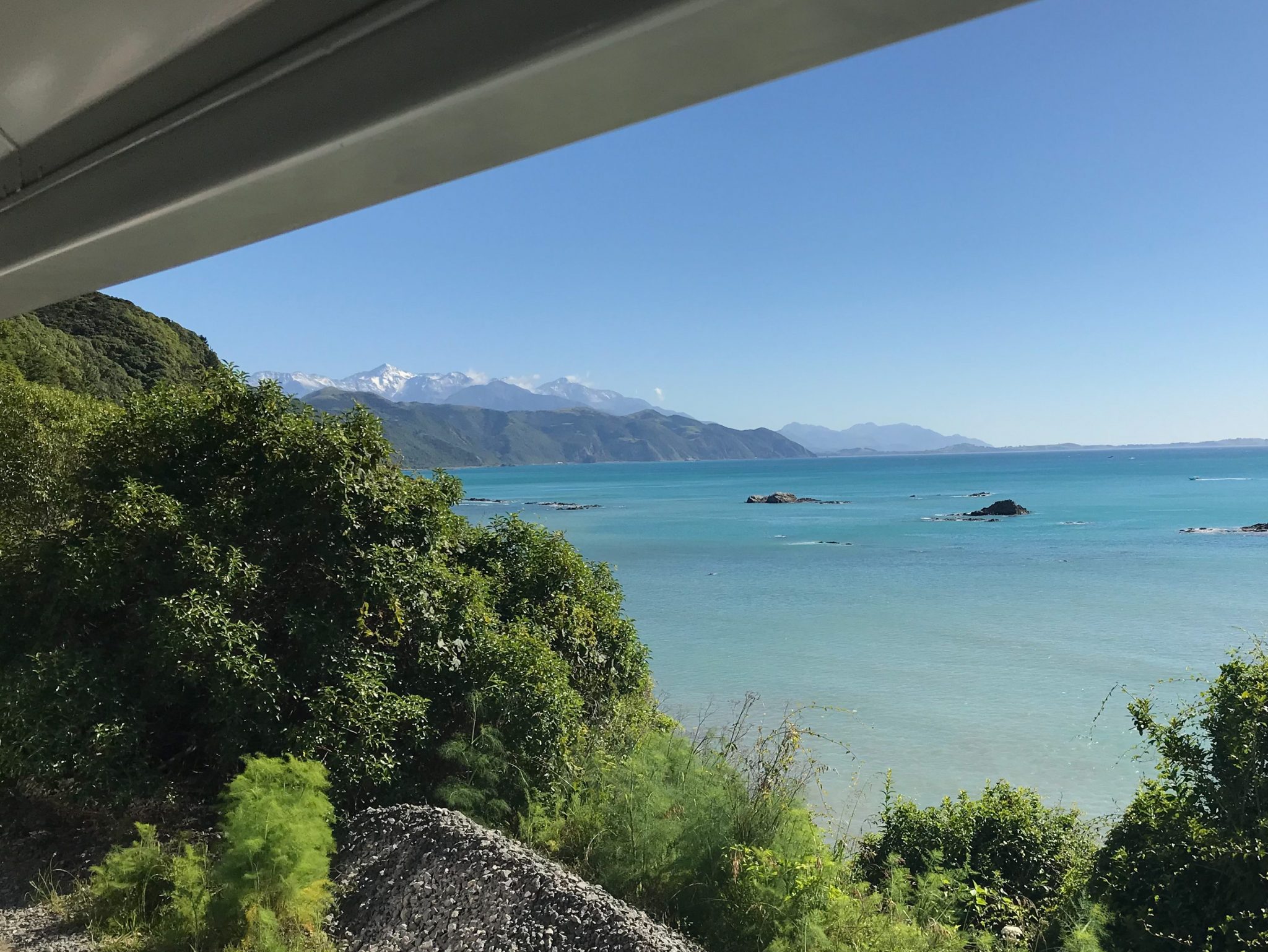 South Island coast and moutain range views from Coastal Pacific Train