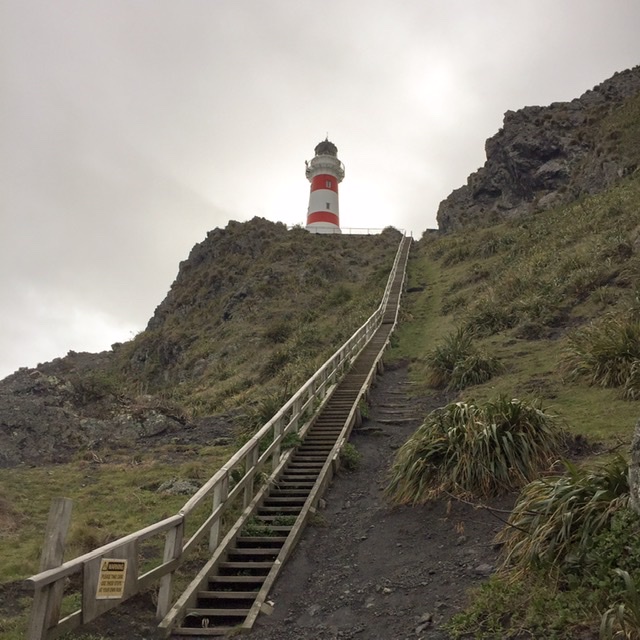 Lighthouse up a flight of stairs on rugged land