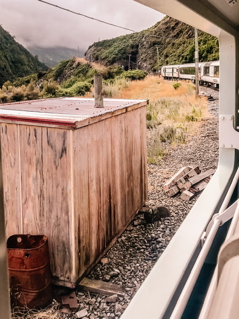 View of TranzAlpine train from viewing carriage