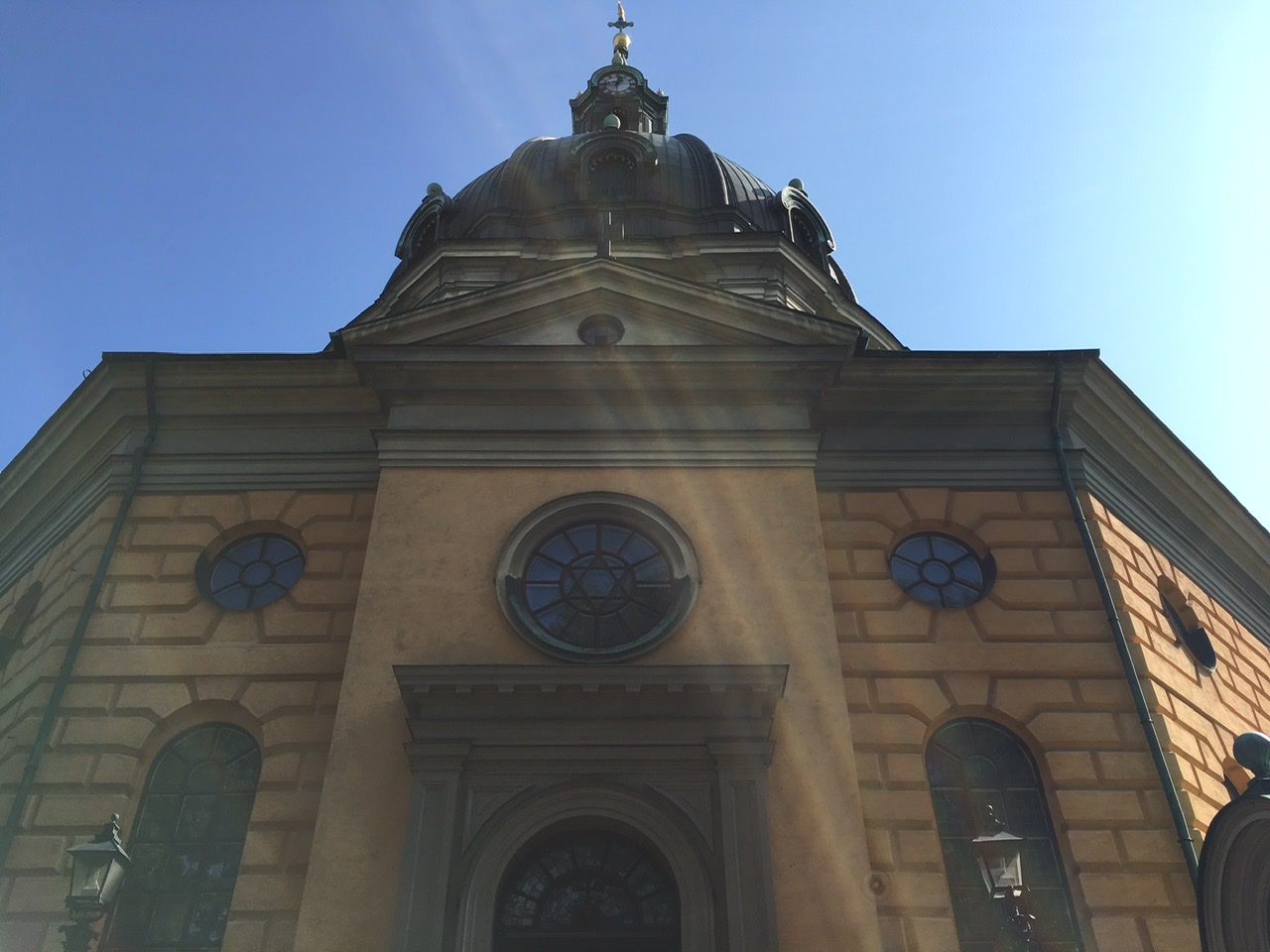 Exterior of Queens Church in Stockholm with blue sky