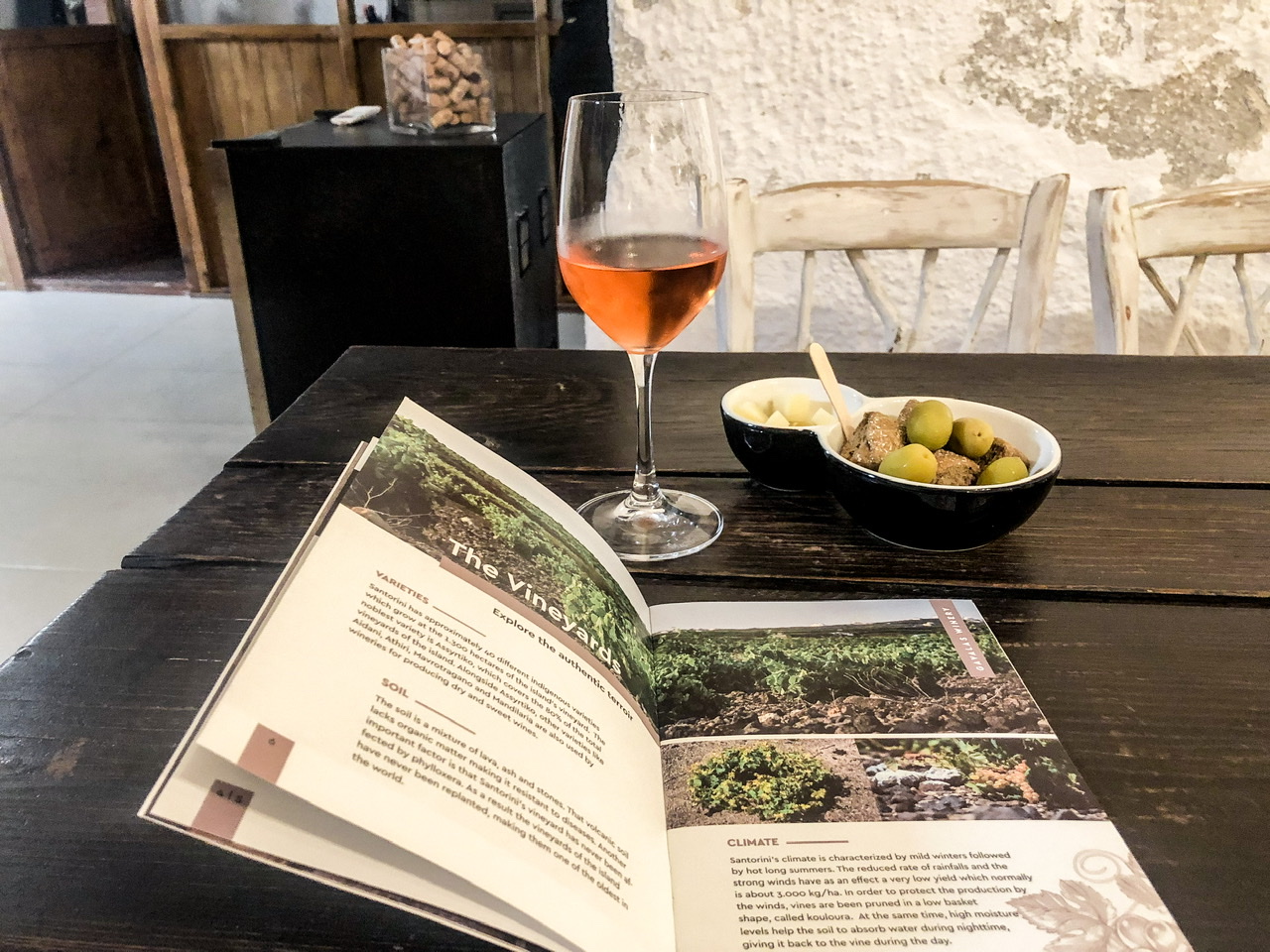 Tasting booklet, glass of rose wine and dish of olives and cheese on dark wood table