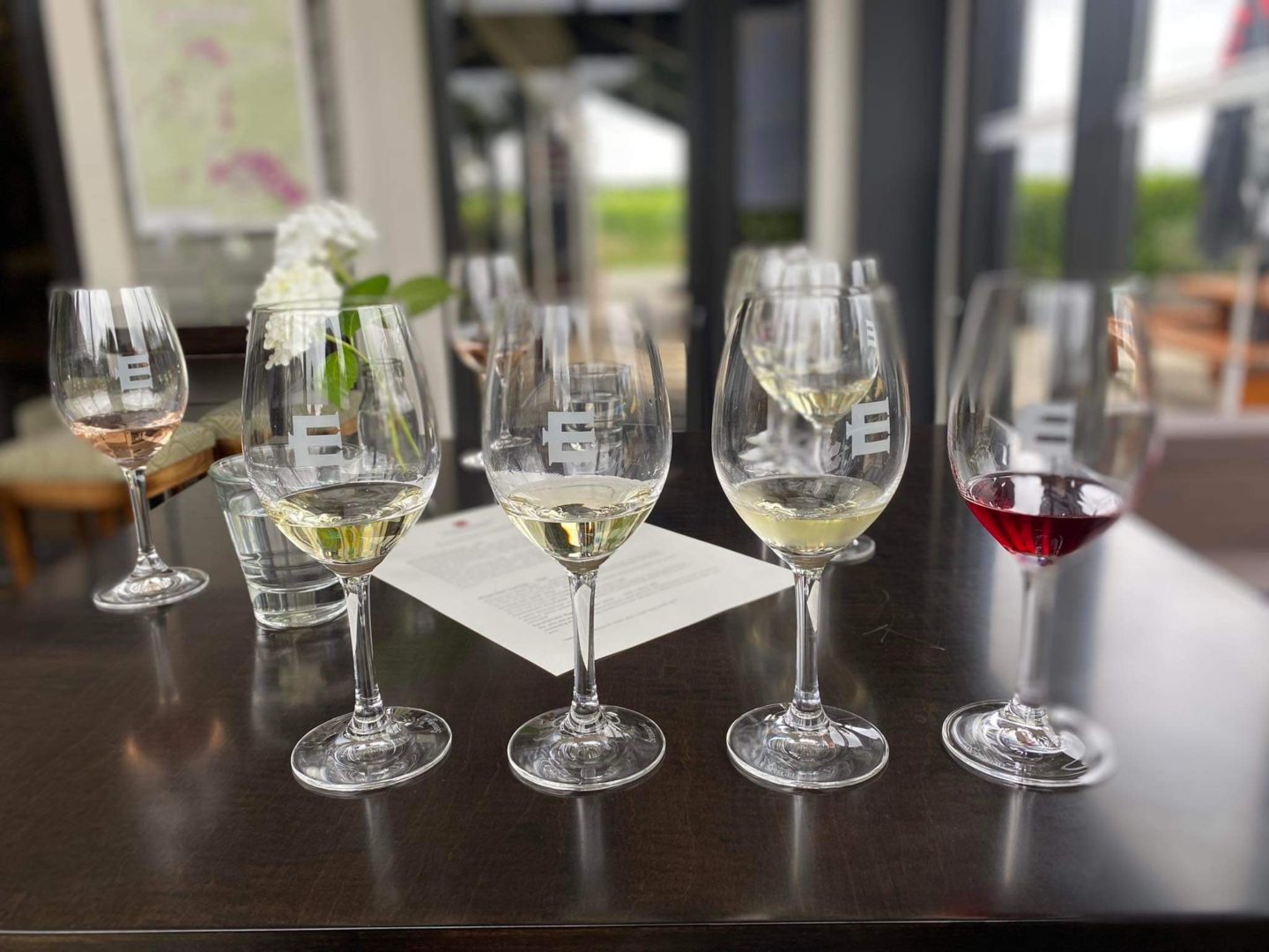 five wine glasses embossed with the letter E containing wines ranging from light straw colour to red on a dark wooden table