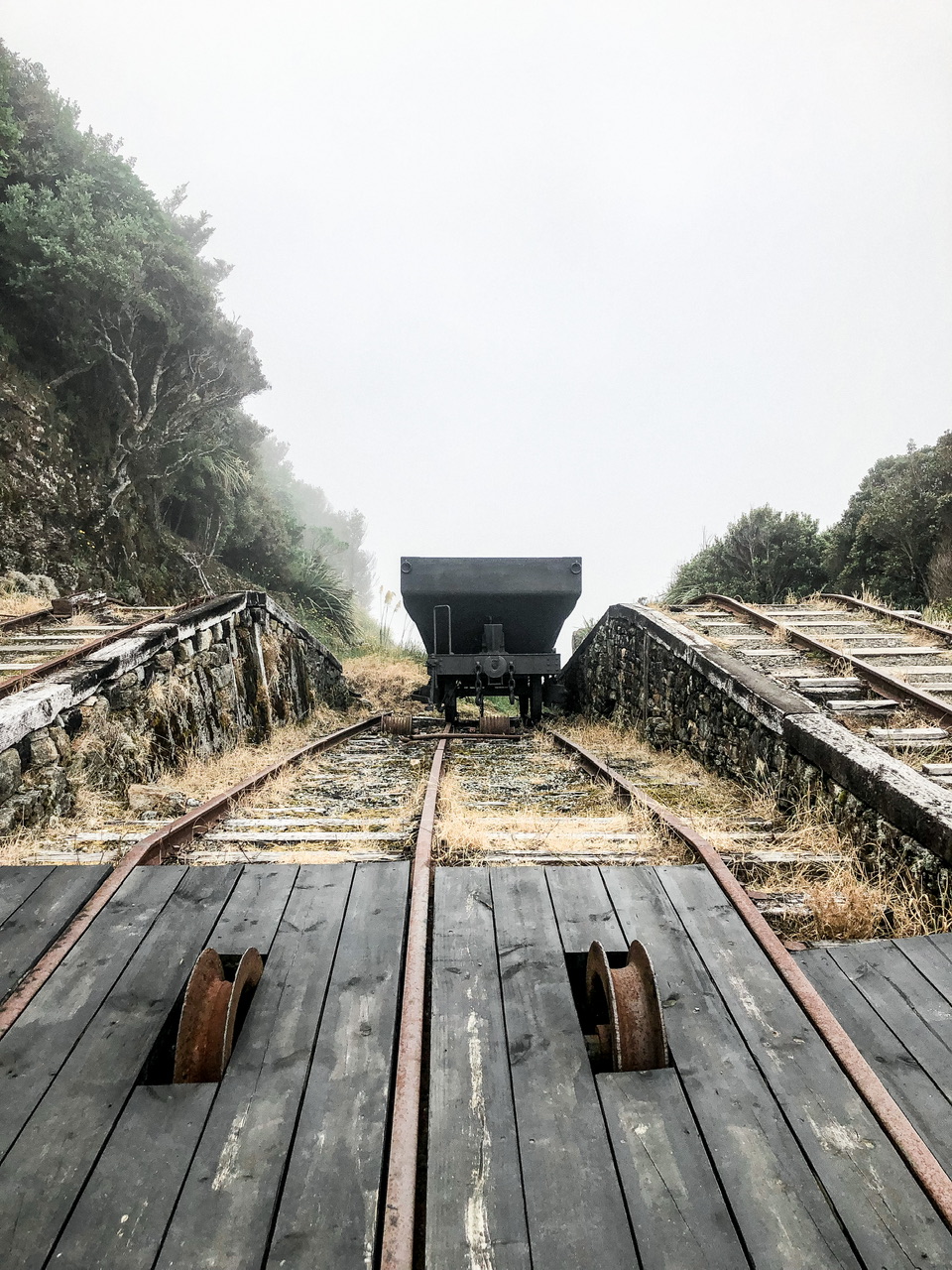 Coal wagon on tracks at Denniston Plateau
