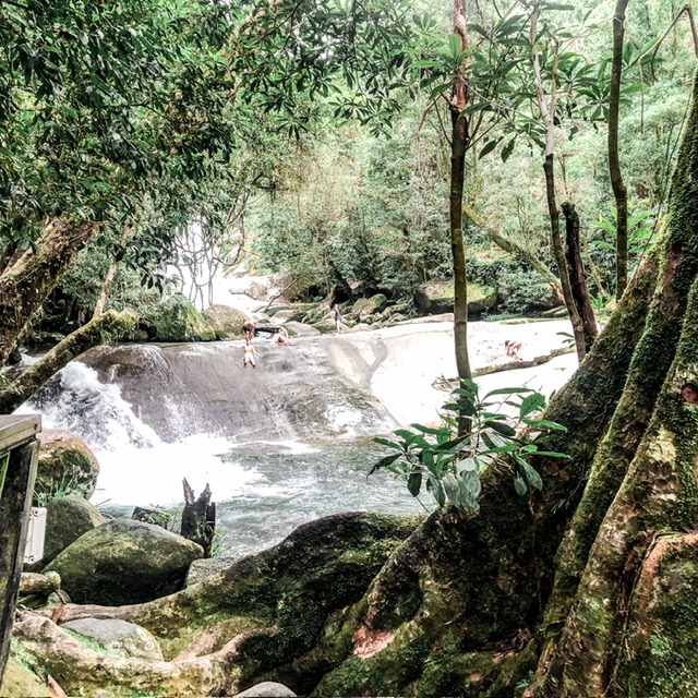 Three people at different stages of sliding down a smooth waterfall in the rainforest