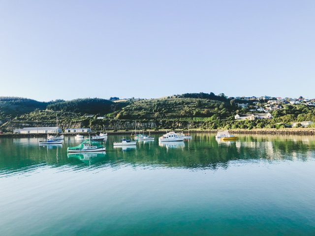 Approximately 10 small boats on the water in Oamaru New Zelaand with green hills behind, taken from pier.
