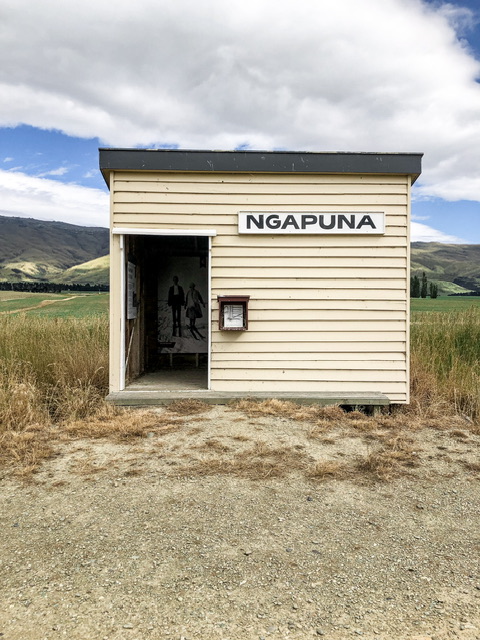 Small Ngapuna Station building on Otago Central Rail Trail. It’s formed of creamy coloured weatherboards with a dark green barge board at the top.