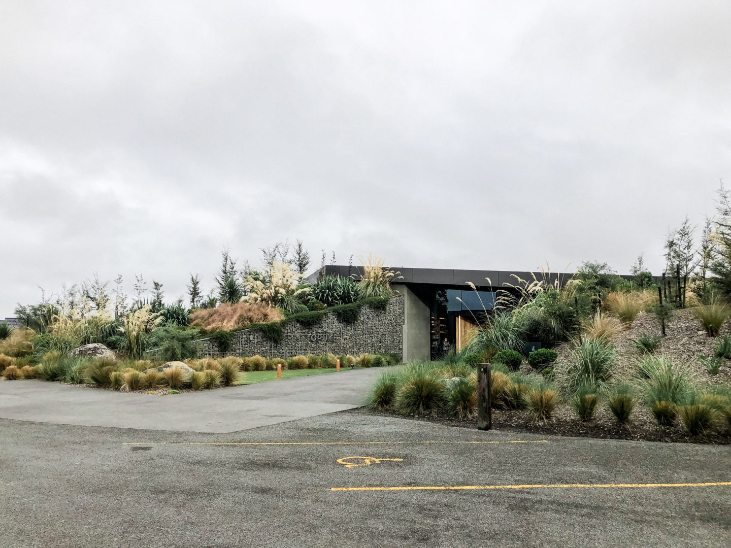 Exterior of the Ōpuke Thermal Pools and Spa. The modern building has been cleverly built so it appears to be rising out of the ground with native plants all over it.