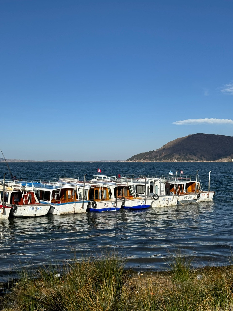 6 tourist boats parked on Lake Titikaka with green mountains around lake edges.