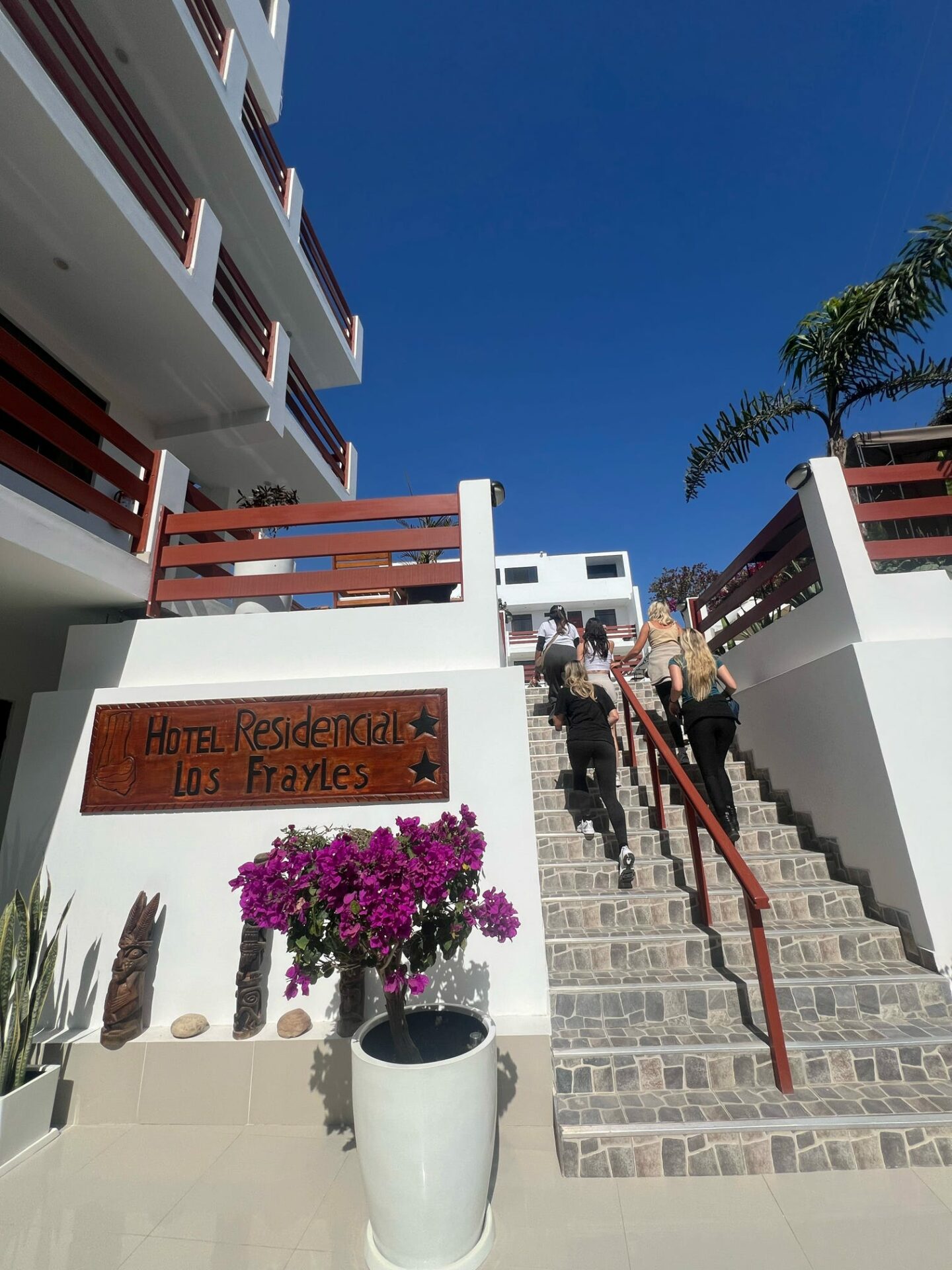 Five young women walk up stone steps past a white three storied building with wooden balcony barriers. A sign reads "Hotel Residential Los Frayles". There is a blooming purple flowering plant in a large white pot in the foreground.