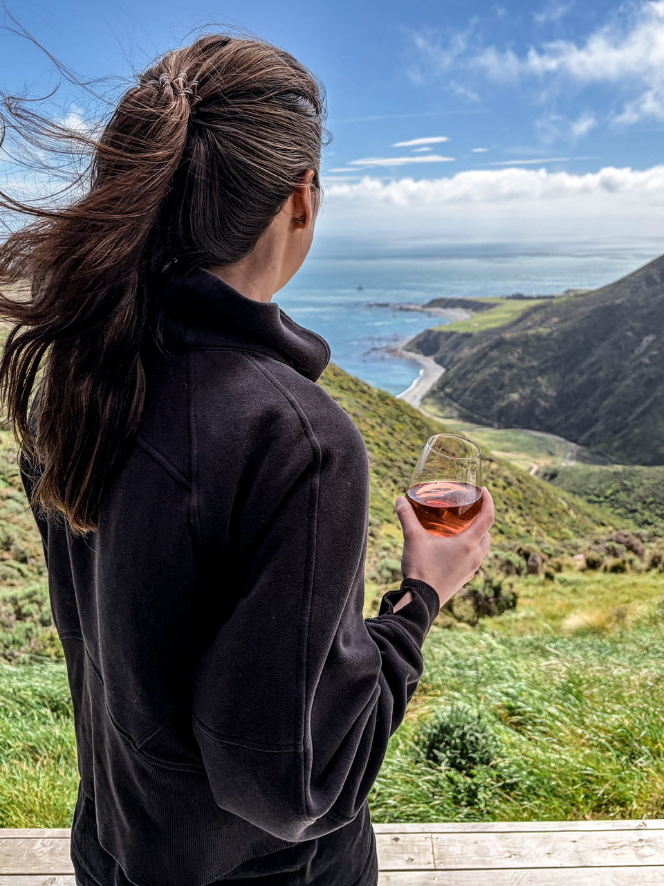 A young woman holding a glass of rose and wearing black casual clothing is photographed from behind looking out at the view from the ocean house canopy camping