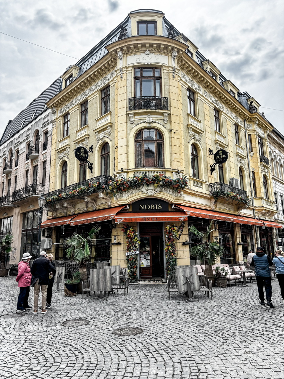 Exterior shot of Nobis Restaurant in the old town of Bucharest.