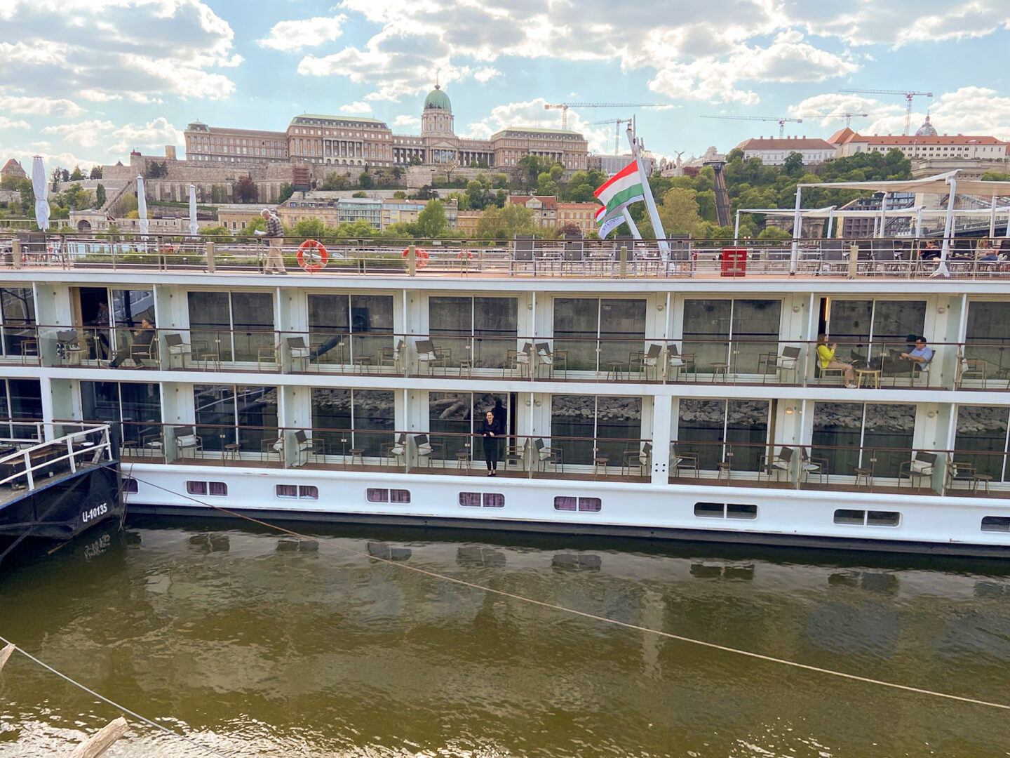 Photo of the Viking Lif at port in Budapest on the Danube River. Buda Castle is visible in the background.