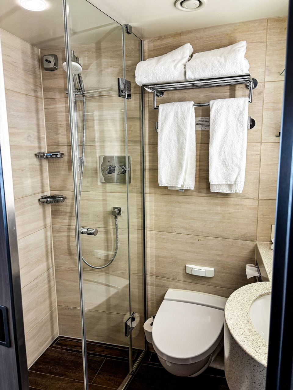 Looking into the bathroom in a Viking river cruise ship veranda stateroom. There is a brown tiled floor, glass shower walls, a toilet and basin in a compact space.