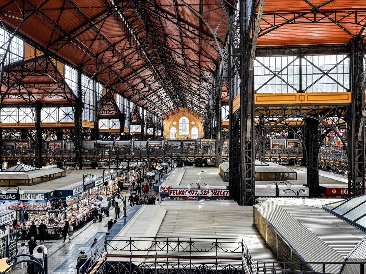 Looking down from upper floor into the stalls at Budapest Central Market Hall