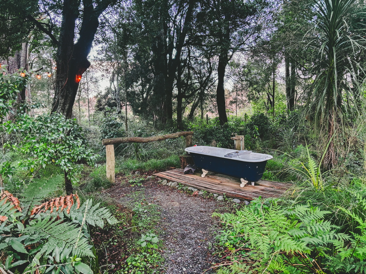 Black claw footed outdoor bath in New Zealand native bush at the Musterer's Rest Canopy Camping site.